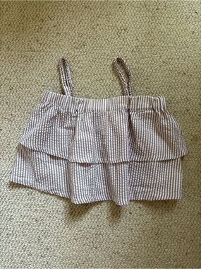 Gianni Bini Beige and White Striped Ruffle Crop Top